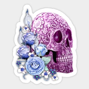 Purple Floral Sugar Skull Day Of The Dead Blue Flowers Sticker